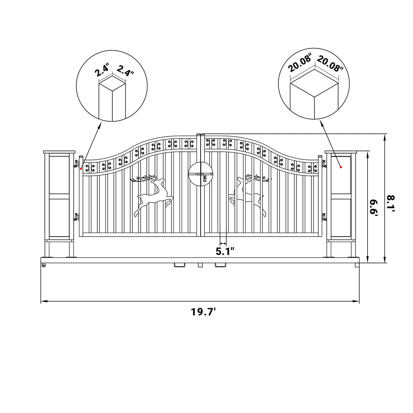 20x8 ft Dual Swing Driveway Gate with Ornamental Posts
